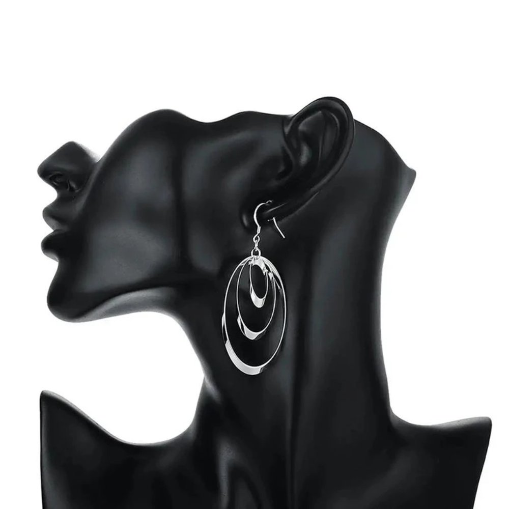Gorgeous .925 Sterling Silver 3 Ovals Hanging Earrings - Picture 2 of 8